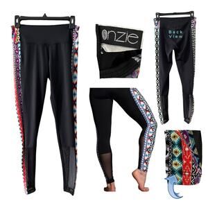 ONZIE Black Leggings Tribal Aztec Yoga Side panel sheer calf Size M/L